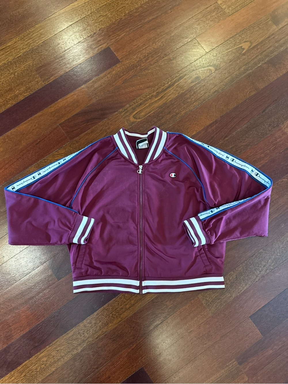 Champion Maroon Track Jacket with White & Blue Stripe Tape